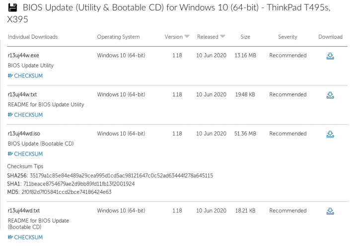 BIOS Update page on lenovo site for ThinkPad T495s and X395
